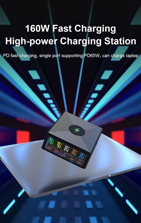 160w 5 Port Charging Station With 15w Wireless Charger Separate Display Usb C Pd65w Qc30 Fast