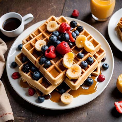 Ai Generated Illustration Of Waffles With Honey And Fruit Stock