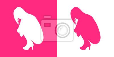 Icono Plano Silueta Chica Desnuda Agachada Perfil En Rosa Y Blanco