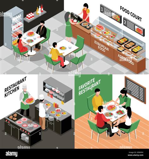 Food Court Isometric Concept With Various Restaurant Rooms Salle And