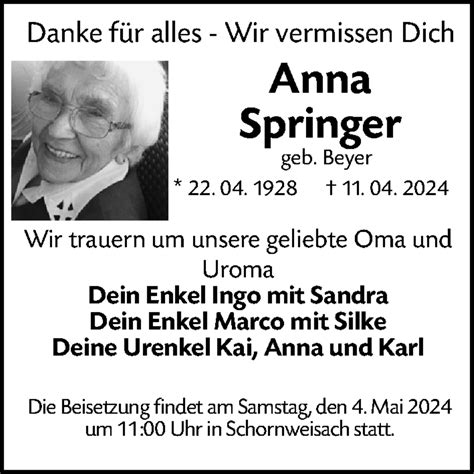 Traueranzeigen Von Anna Springer Trauer Nn De