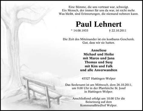 Traueranzeigen Von Paul Lehnert Trauer In NRW De