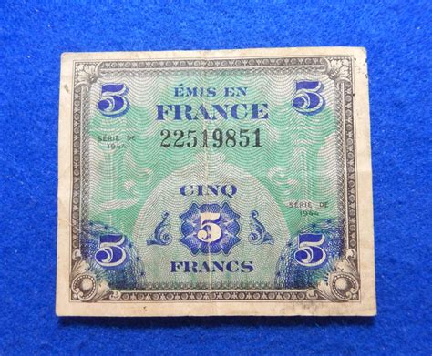 1944 France 5 Francs Allied Military Currencypaper Money Wwii