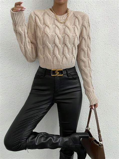 SHEIN Essnce Solid Cable Knit Sweater SHEIN USA