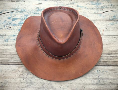 1970s Brown Leather Cowboy Hat, Hippie Hat, Men's Gift for Outdoorsman