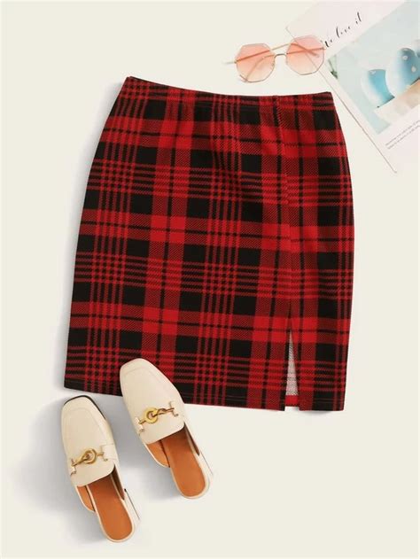 Shein In Split Hem Skirt Plaid Skirts Skirts