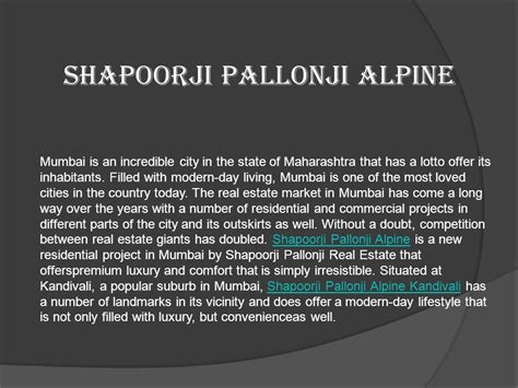 Shapoorji Pallonji Alpine Shapoorji Pallonji Alpine Kandivali Ppt