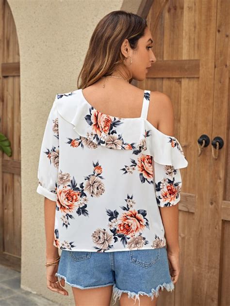 SHEIN LUNE Floral Print Asymmetrical Neck Ruffle Trim Blouse SHEIN USA