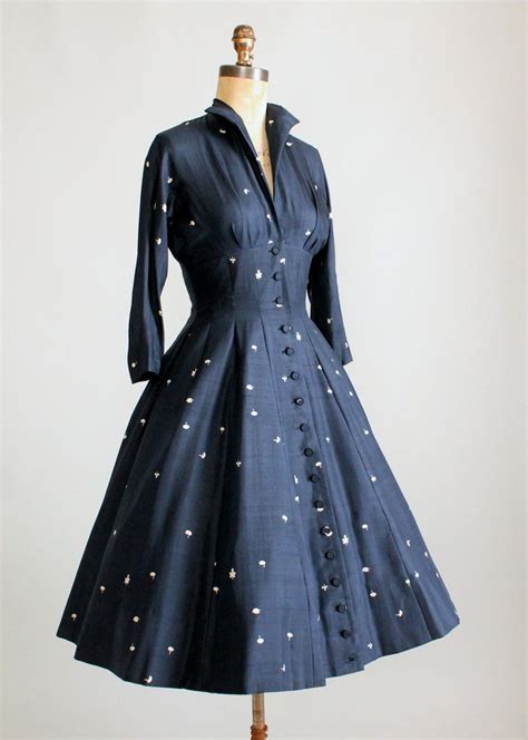 Vintage 1950s Navy Silk Leaf Print New Look Dress Raleigh Vintage