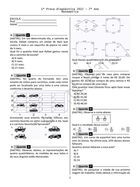 Prova De Matematica 7 Ano - Prova Diagnóstica de Matemática 7º Ano | PDF