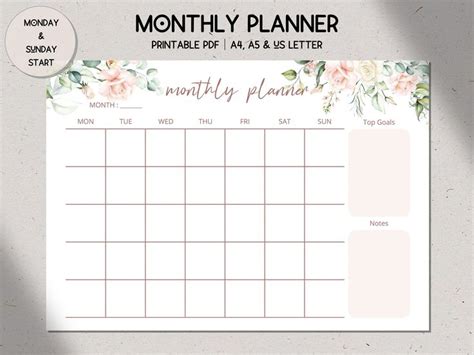 Monthly Planner Printable, Landscape Monthly Planner, Floral Monthly ...