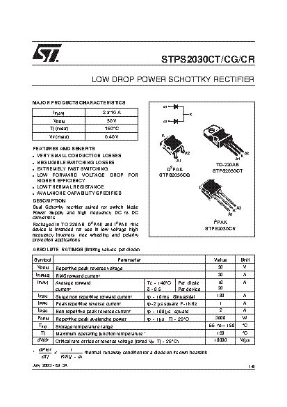 STPS2030CT Datasheet Schottky Rectifier 30 V 20 A Dual Common Cathode