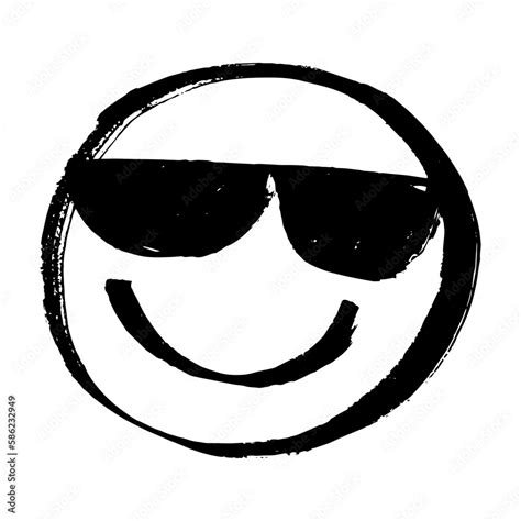 Smiling Face with Sunglasses. Happy, peaceful person emoji with glasses. Hand drawn with marker ...