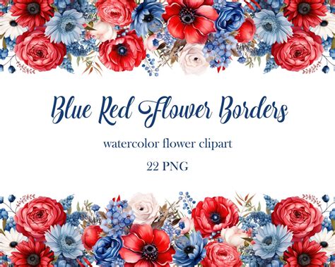 Blue Red Flower Border Clipart, Watercolor Flower PNG Bundle, Blue Red ...