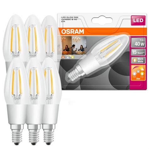 6 x Osram LED Filament Kerze 4 5W 40W E14 klar 470lm warmweiß Glowd