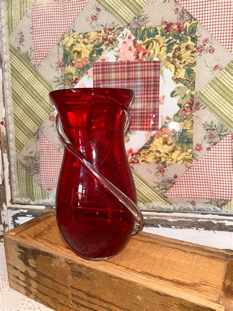 Vintage Murano Hand Blown Ruby Red With Clear Swirl Vase Etsy