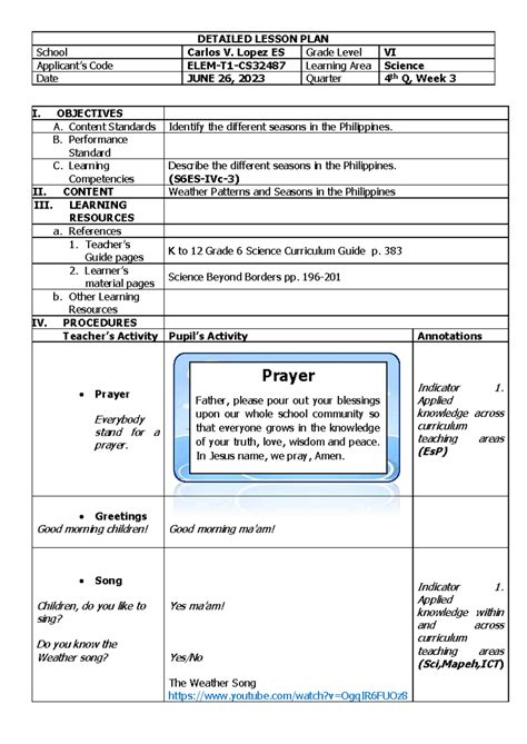 Detailed Lesson Plan Science Detailed Lesson Plan School Carlos V Lopez Es Grade Level Vi