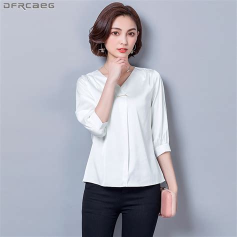 Three Quarter Sleeve V Neck Women Shirts Loose Autumn Silk Satin Blouse