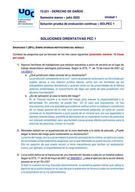 73521 Solpec 1 2022 2 73 DERECHO DE DAÑOS Semestre marzo julio