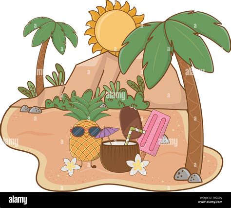 Summer Pineapple With Sunglasses Cartoons At Beach With Sun And Palms Scenery Vector