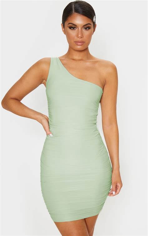 Sage Green One Shoulder Ruched Bodycon Dress Prettylittlething Usa