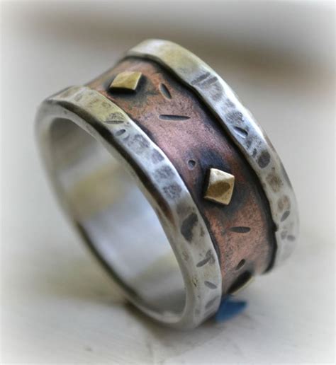 Mens Wedding Band Rustic Fine Silver Copper And Brass Handmade