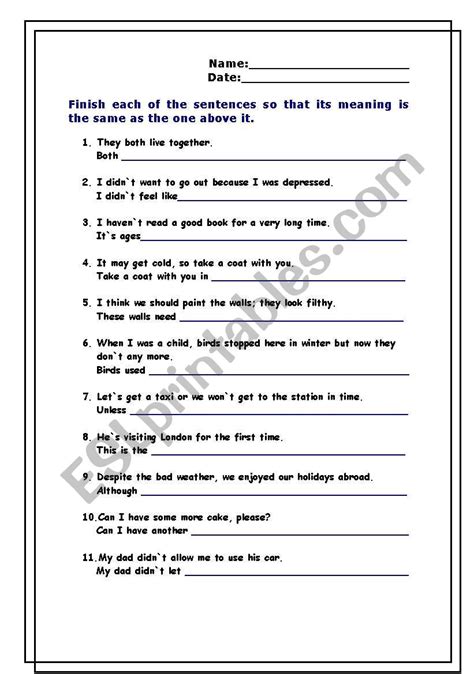 Sentence Rewriting Transformations Esl Worksheet By Esti1975