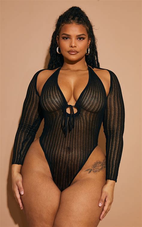 Plus Black Sheer Knit Bodysuit With Sleeves Plus Size