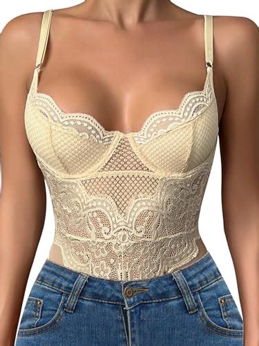 Popiv Women Lace Bodysuit Sexy Mesh Teddy Lingerie Cami Bustier Tops