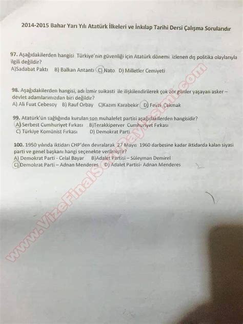 Atat Rk Lkeleri Ve Nkilap Tarihi Al Ma Sorular Sayfa Vize