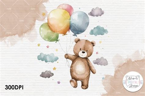 Watercolor Bear Flying With Balloons Graphic By Achmardigitaldesign