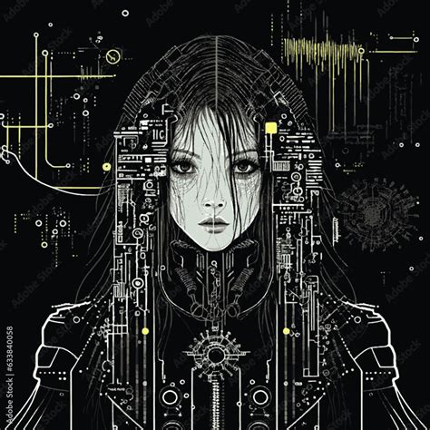 Vecteur Stock Cyberpunk Girl With Yellow And White Schematics And Circuits Behind Her Vector