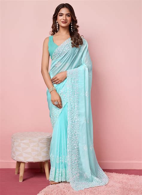 Buy Sky Blue Silk Embroidered Sequins Classy Saree With Blouse For