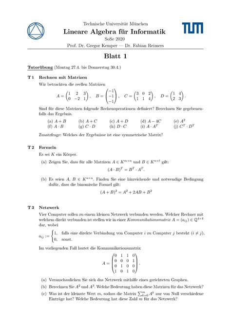 LA Übung Technische Universit at M unchen Lineare Algebra fur