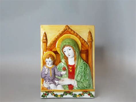 Madonna In Trono Col Bambino Maiolica Di Faenza Dipinta A Mano