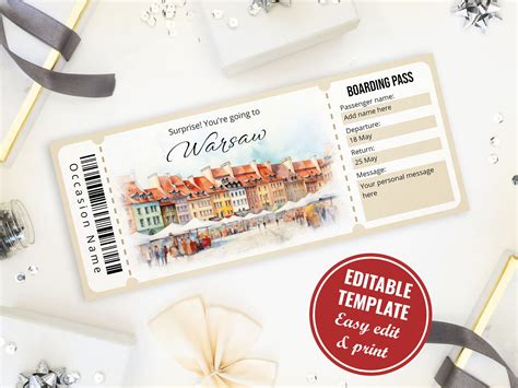 Editable Warsaw Boarding Pass Template Printable Digital Watercolor