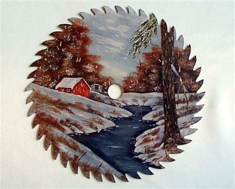 Hand Painted Saw Blade Winter Cabin By The River Order Etsy Christmas