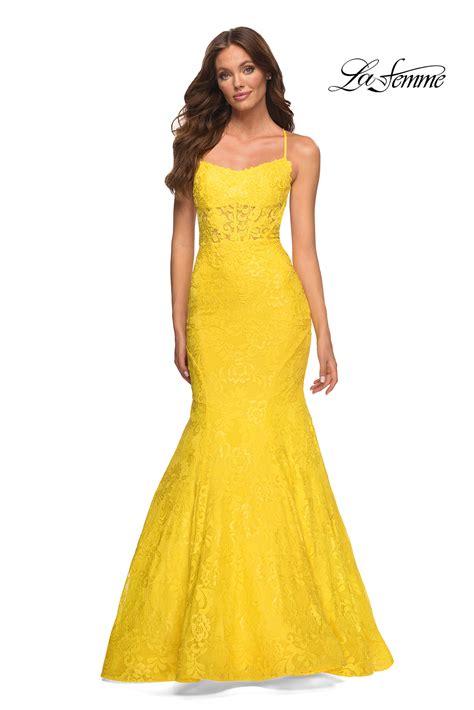 La Femme Long Lace Mermaid Prom Dress