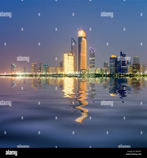 Night skyline of skyscrapers in Abu Dhabi in United Arab Emirates UAE ...