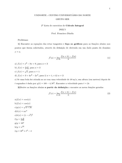 Lista De Exercícios Sobre Derivadas Integrais E Aplicações Em Física