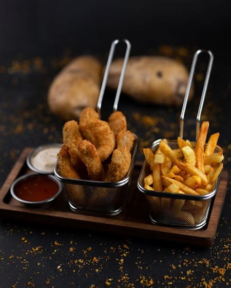 Una Bandeja De Comida Con Papas Fritas Y Salsas Foto Premium