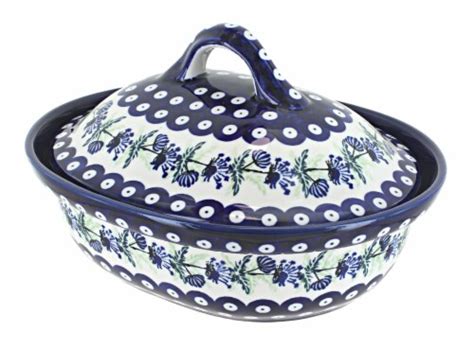 Blue Rose Polish Pottery Sweet Annie Small Oval Baker With Lid Fry