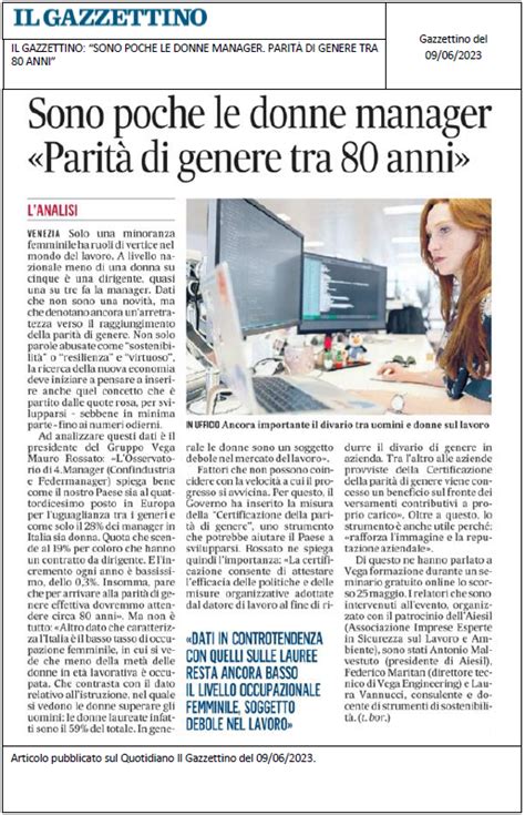 IL GAZZETTINO Sono poche le donne manager Parità di genere tra 80