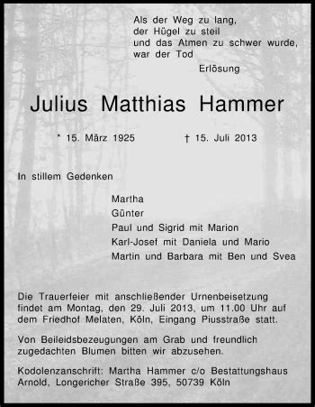 Traueranzeigen Von Julius Matthias Hammer WirTrauern