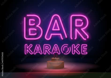 Karaoke bar neon sign. Neon sign, bright signboard, light banner. Microphone neon. Template for ...