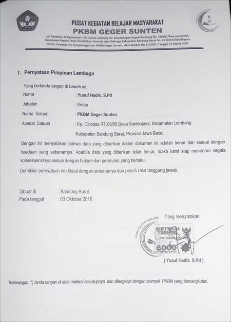 Contoh Surat Pernyataan Pendirian Izin Operasional Satuan Pendidikan