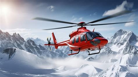 Premium Photo | A bright red rescue helicopter hovering above a snow