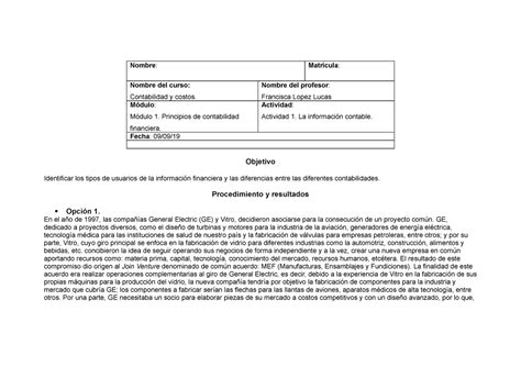 ACt conta 1 Nombre Matrícula Nombre del curso Contabilidad y