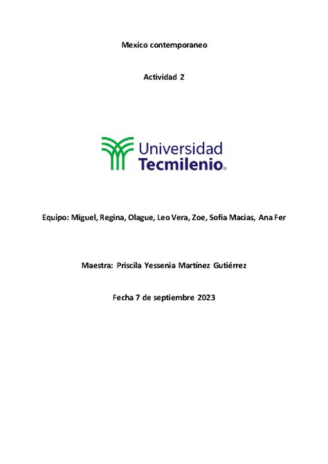 Mexico Contemporaneo Act Mexico Contemporaneo Actividad Equipo