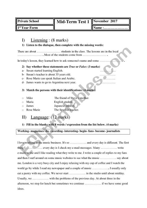 Mid Term Test St Form Esl Worksheet By Rajraj